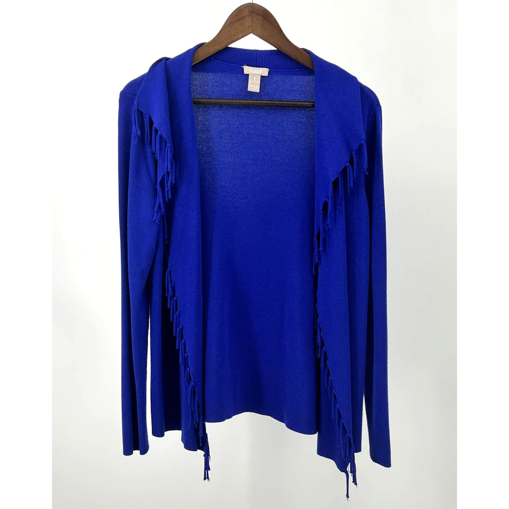 Chico's Fringe Cardigan Open Front Blue Women's Size M (Chico's 1)